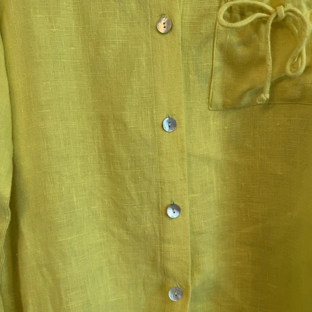 20 South Linen Bright Yellow Shell Button Blouse Medium USA Lagenlook Resortwear
